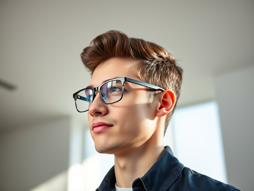 Person wearing sleek smart glasses in a bright modern space